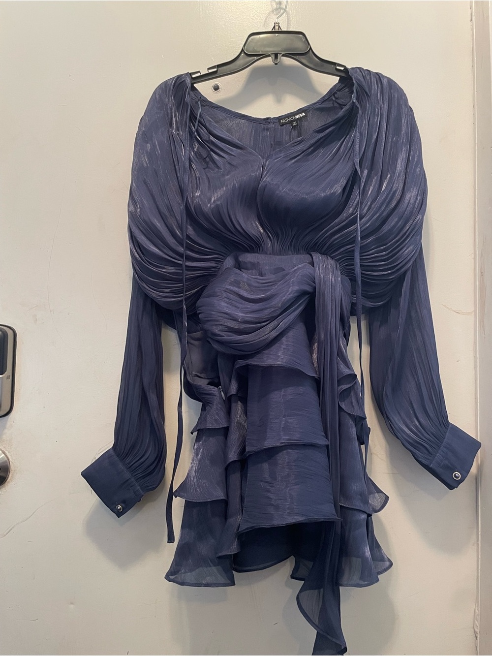 Fashion Nova Navy Blue Pleated Ruffle Blouse